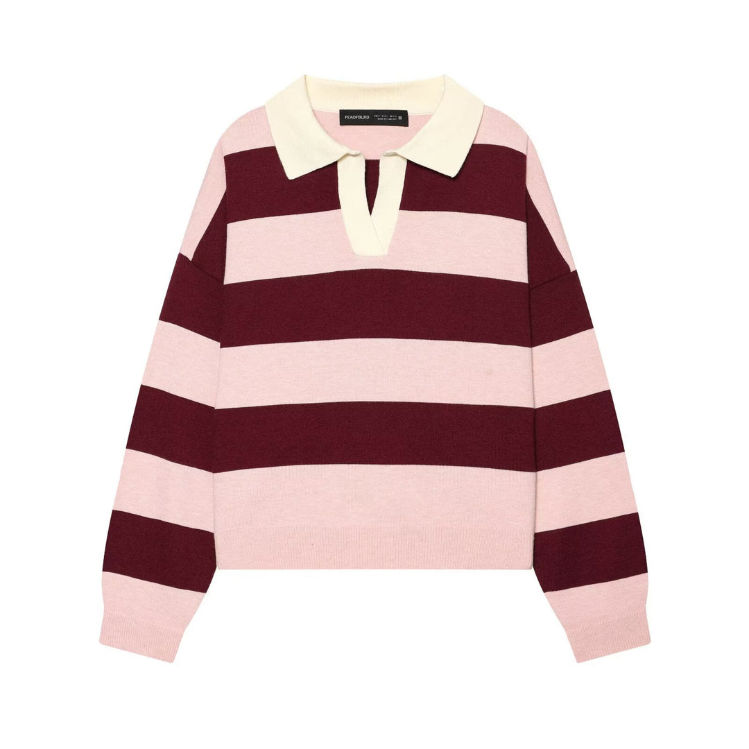 Damen Oversize Rugby-Pullover mit Polokragen und breiten Blockstreifen Drune