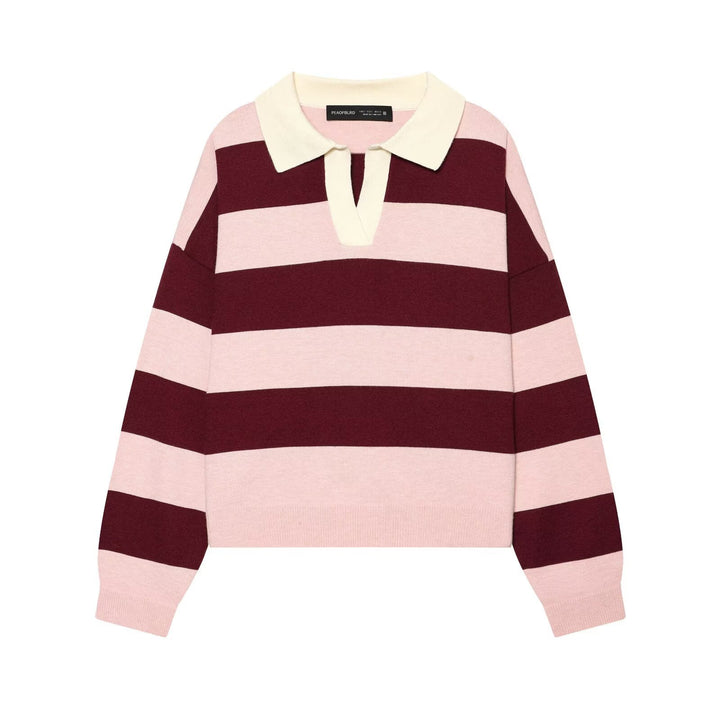 Damen Oversize Rugby-Pullover mit Polokragen und breiten Blockstreifen Drune