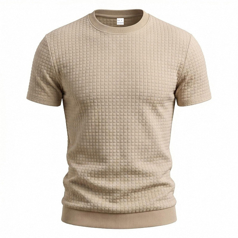 Herren nan kurzärmeliges Strickshirt mit geprägter Karostruktur, Rundhalsausschnitt und geripptem Saum Drune