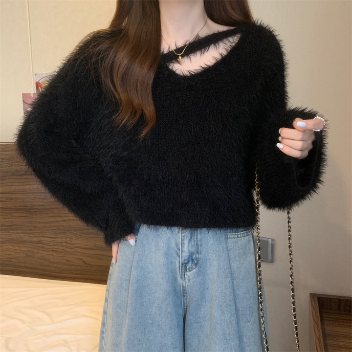 Damen Flauschiger Pulli mit lässigem Schnitt und tiefem V-Ausschnitt Drune