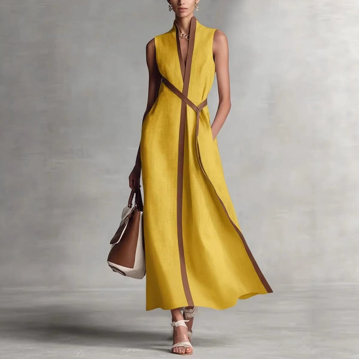 Damen elegantes Maxikleid mit Taillenschnitt und schmalem Gürtel Drune