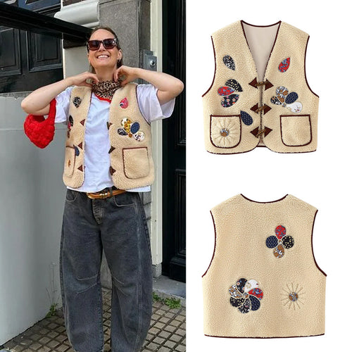 Damen nan ärmellose Teddyweste mit Patchwork-Applikationen und Holzknopf Verschluss Drune