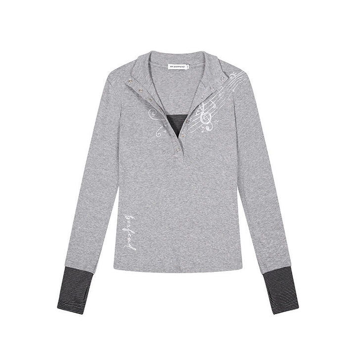 Damen Langarmshirt mit Henley-Knopfleiste, Kontrastbündchen und Notenprint Drune