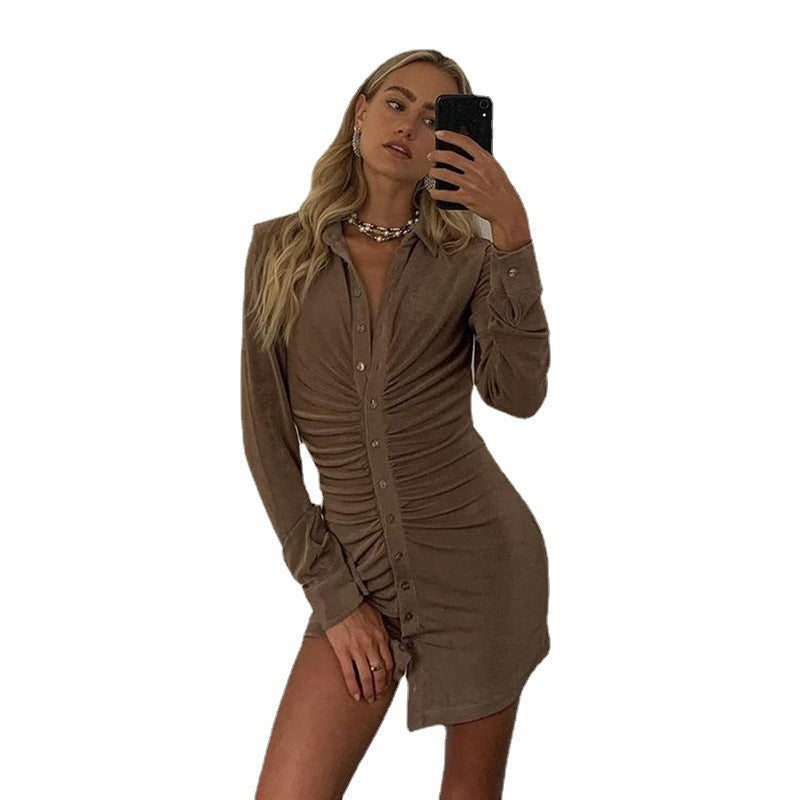 Damen Knielanges Hemdkleid mit Knopfleiste und Raffungen Drune