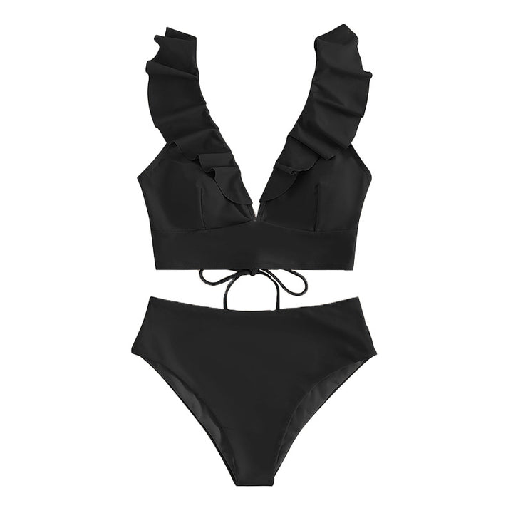 Damen Oberteil mit Rüschen und hohen Bikinihosen Drune