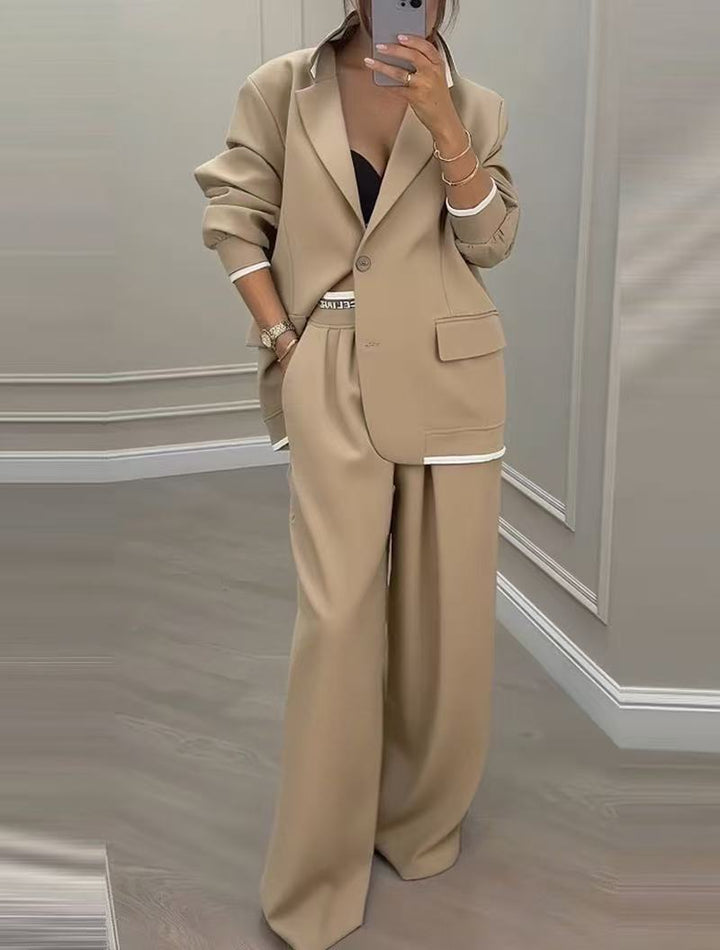 Damen Oversize-Tailoring-Set mit Kontrastpaspel, Single-Button-Blazer und hochgeschnittener Weitbeinhose Drune