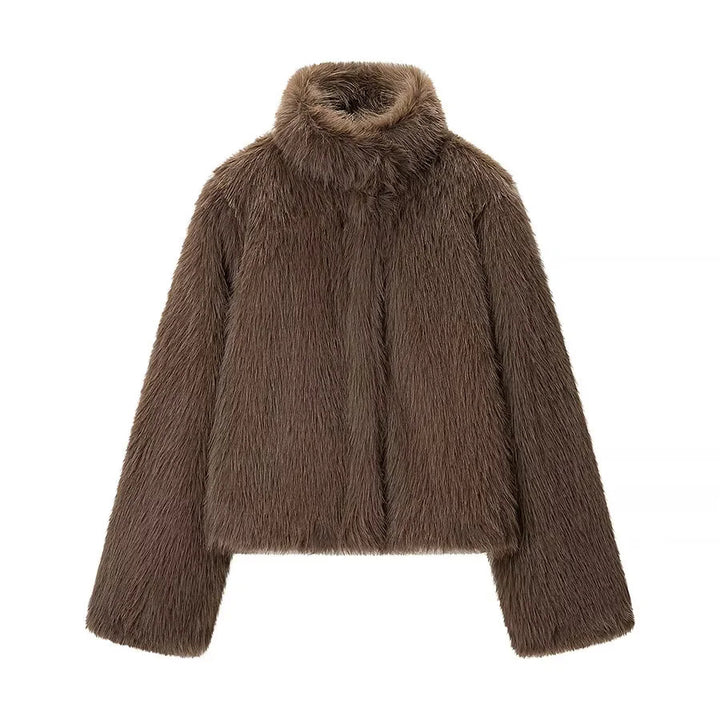 Damen nan kurzem veganer Kunstfell-Croppedjacke mit hohem Stehkragen und verdeckter Front Drune