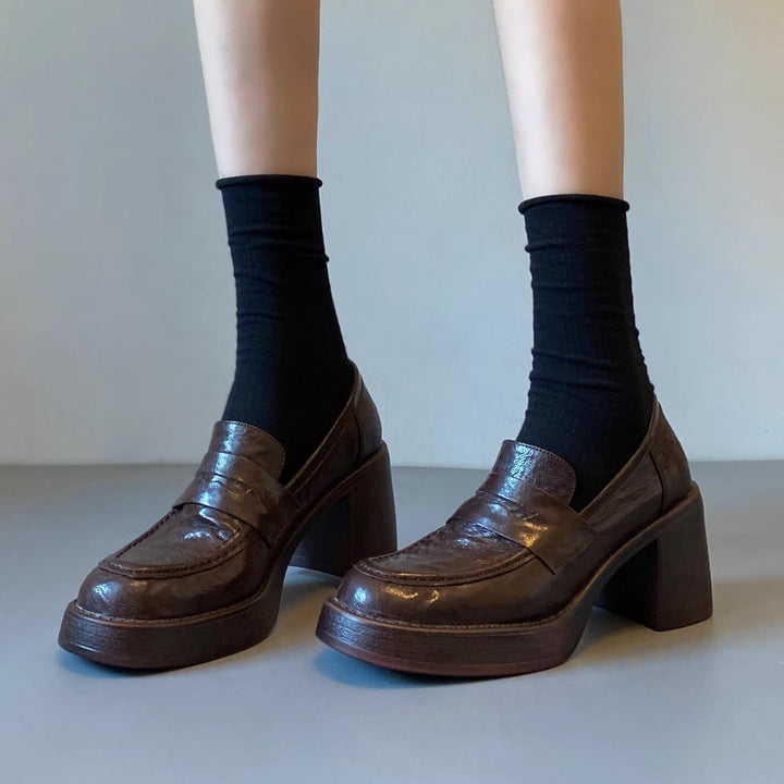 Damen Hochabsatz-Pennyloafer mit massivem Blockabsatz und profilierter Sohle Drune