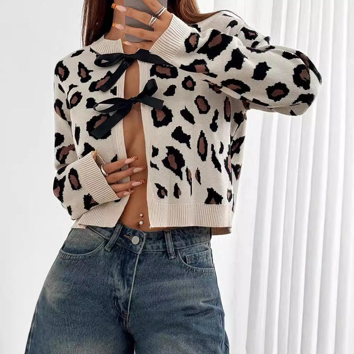 Damen Stilvolle Leopardenstrickjacke mit Bindebändern Drune