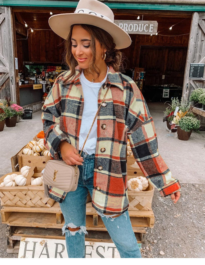 Damen Oversized Kariertes Flanell‑Shacket mit Brusttaschen und Holzknöpfen Drune