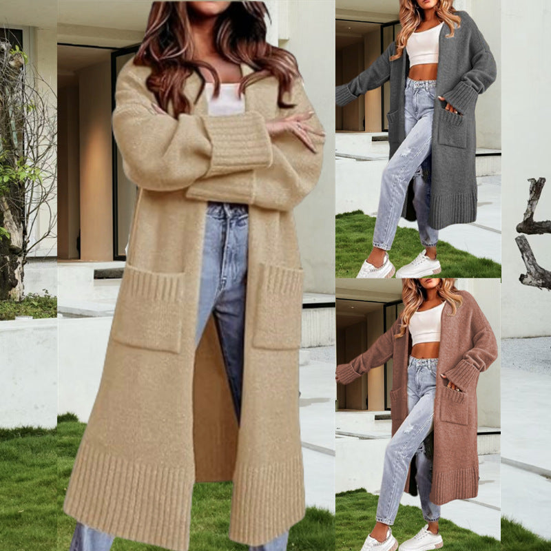 Damen Langer Strickcardigan mit gerippten Ärmeln und praktischen Taschen Drune