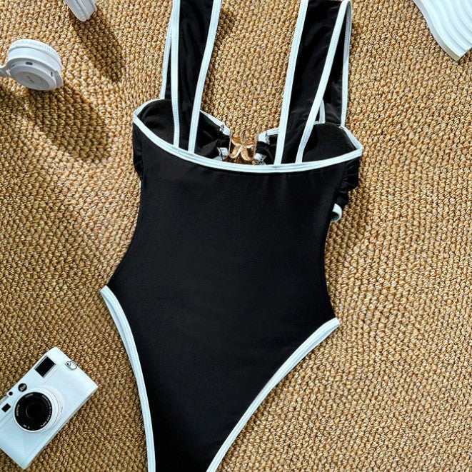 Damen Eleganter Einteiler mit raffiniertem Cut-Out und goldenen Akzenten Drune