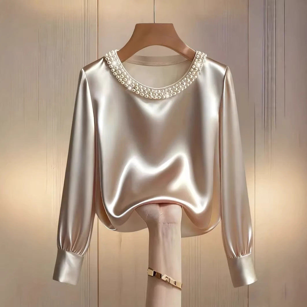 Damen elegante satinierte Bluse mit Perlenkragen Drune