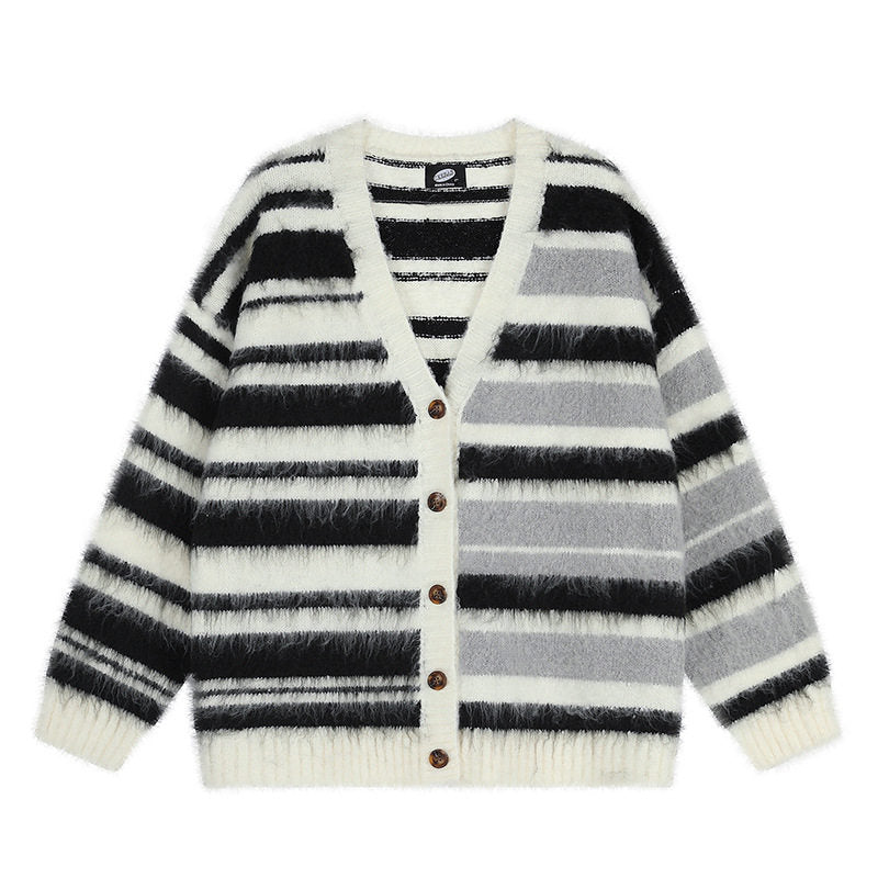 Damen Oversize-Strickjacke mit V‑Ausschnitt, kuscheliger Mohair‑Optik und gestreiftem Muster Drune