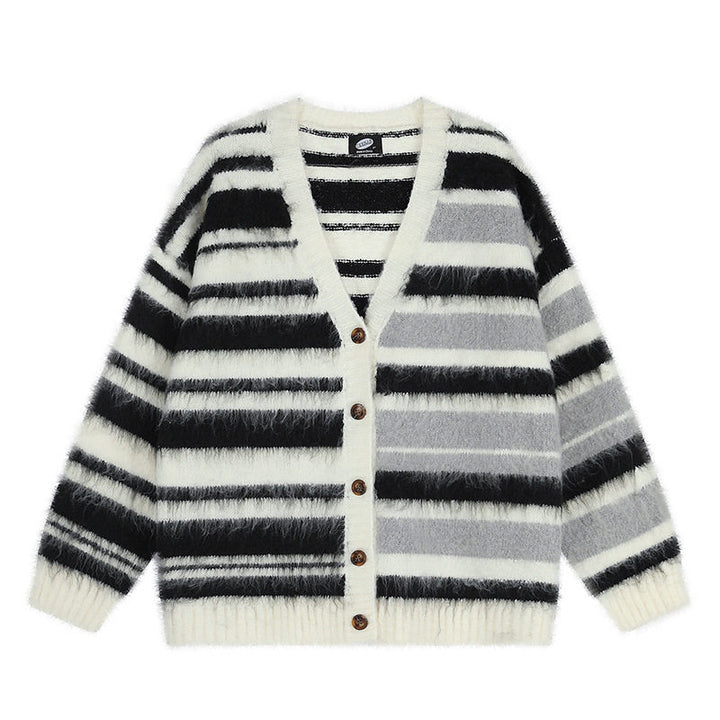 Damen Oversize-Strickjacke mit V‑Ausschnitt, kuscheliger Mohair‑Optik und gestreiftem Muster Drune