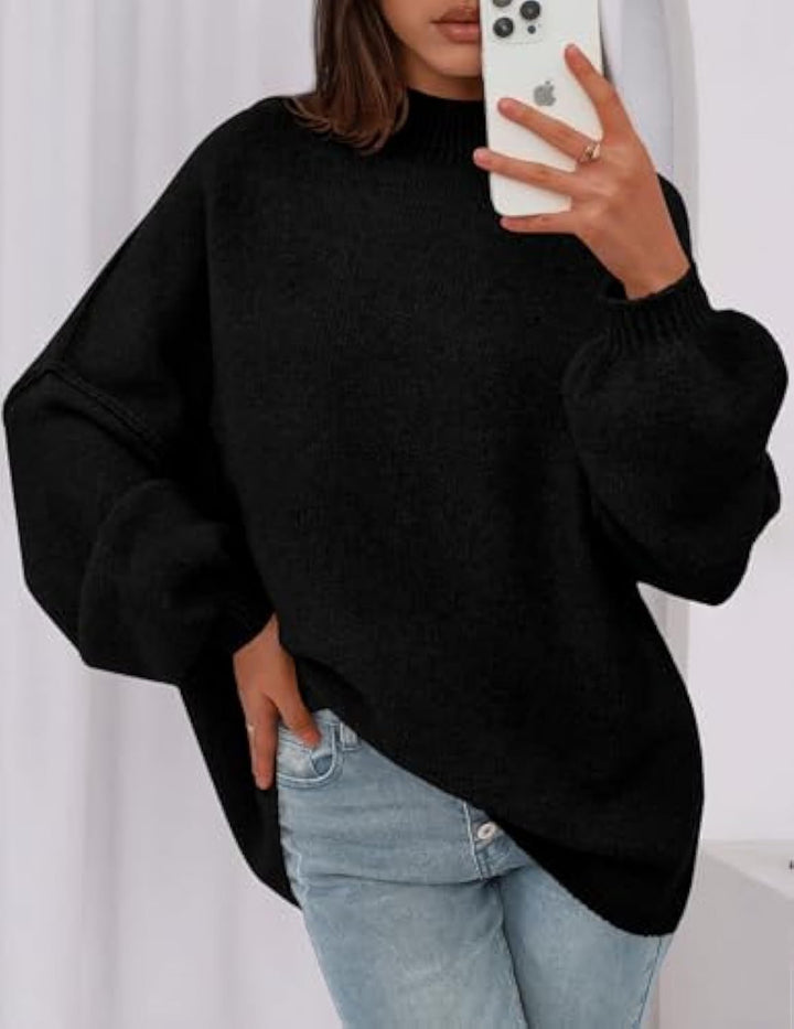 Damen Oversize-Strickpullover mit Stehkragen und Ballonärmeln Drune