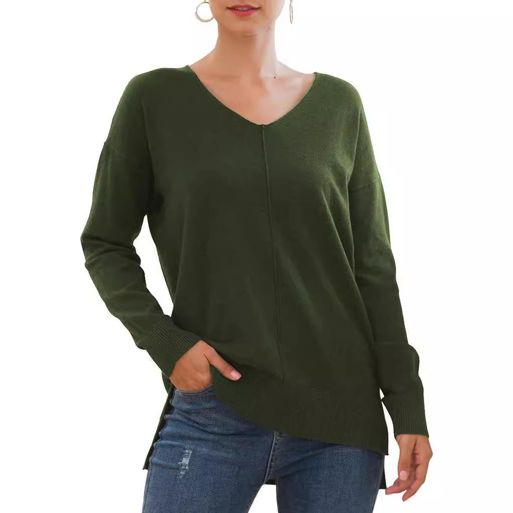 Damen eleganter V-Ausschnitt Pullover mit asymmetrischem Saum Drune