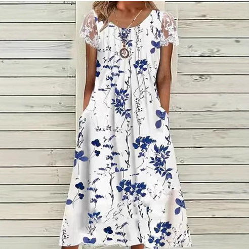 Damen nan luftiges A-Linien-Midikleid mit Spitzenärmeln, Eingrifftaschen und Rundhalsausschnitt Drune