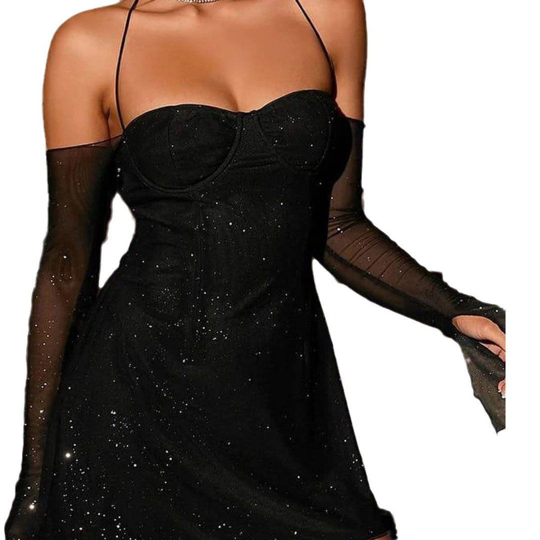 Damen Mini-Kleid mit transparenten Ärmeln und funkelnden Akzenten Drune