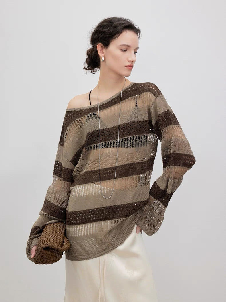 Damen luftiger Strickpulli mit trendy Lochmuster Drune