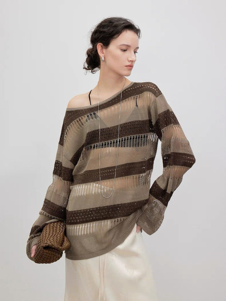 Damen luftiger Strickpulli mit trendy Lochmuster Drune