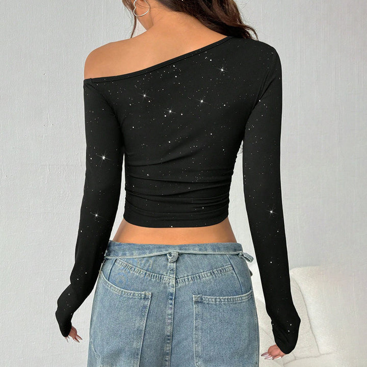 Damen Ein-Schulter Cropped-Top mit Rippstruktur und Glitzerbesatz Drune