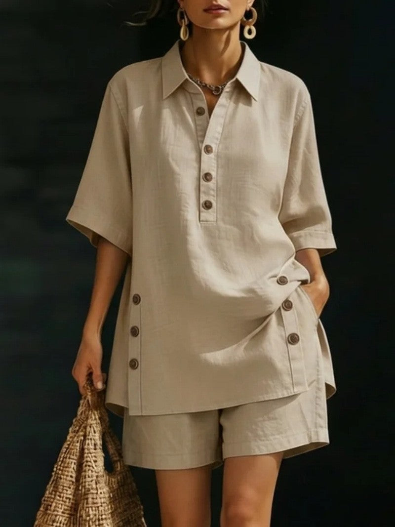 Damen nan luftiges Leinenoptik-Zweiteiler mit Oversize-Hemdbluse, Knopfleiste und Bermuda-Shorts Drune