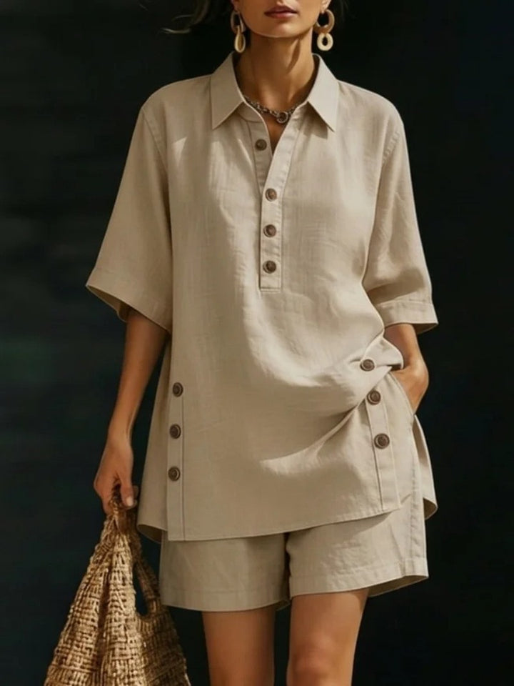 Damen nan luftiges Leinenoptik-Zweiteiler mit Oversize-Hemdbluse, Knopfleiste und Bermuda-Shorts Drune