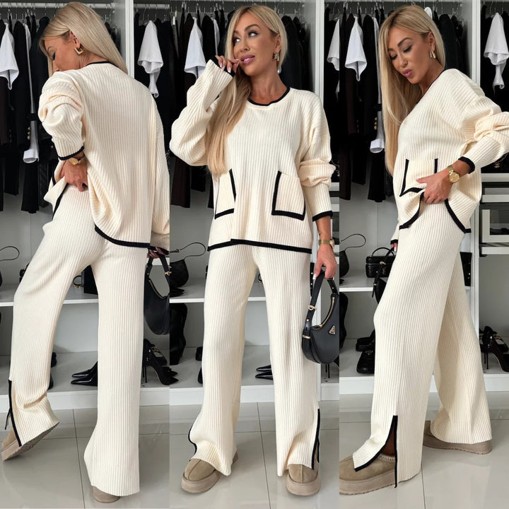 Damen Strick-Loungewear-Set mit modischen Taschen und kontrastierenden Abschlüssen Drune