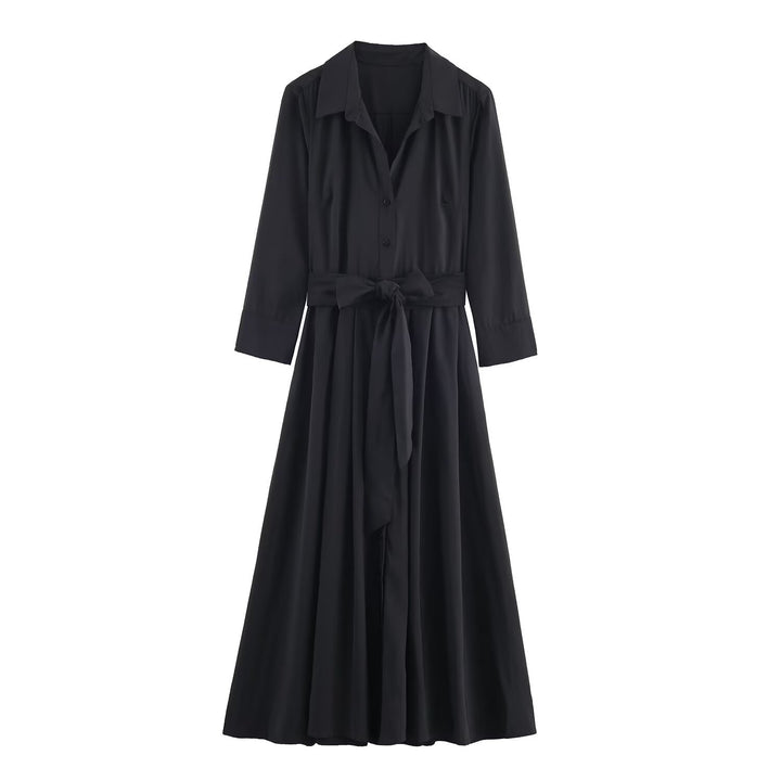 Damen Maxikleid im Hemdblusenstil mit Bindegürtel und schwingendem A‑Linienrock Drune