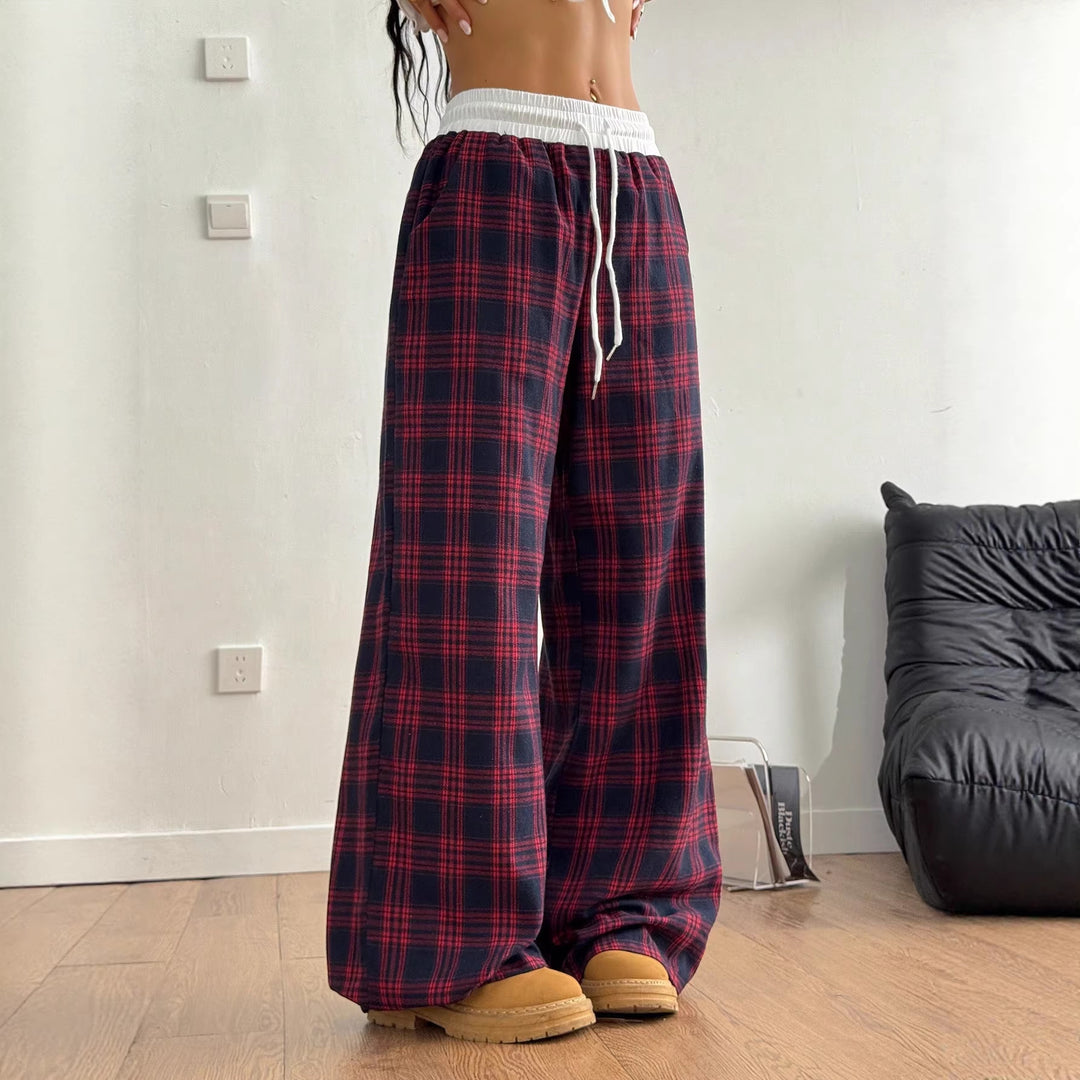 Damen weite karierte Lounge-Hose mit hohem Gummibund und Kordelzug Drune