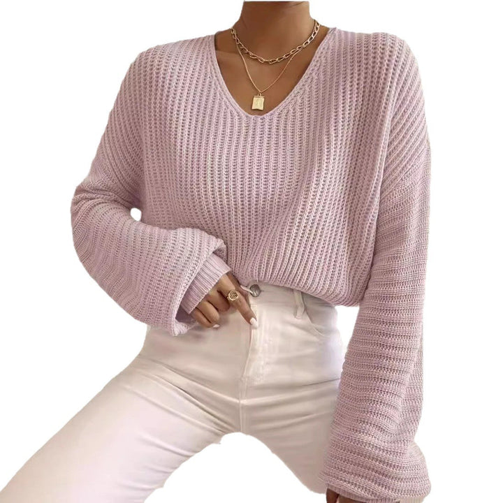 Damen V-Pullover mit weiten Ärmeln und strukturiertem Strickmuster Drune