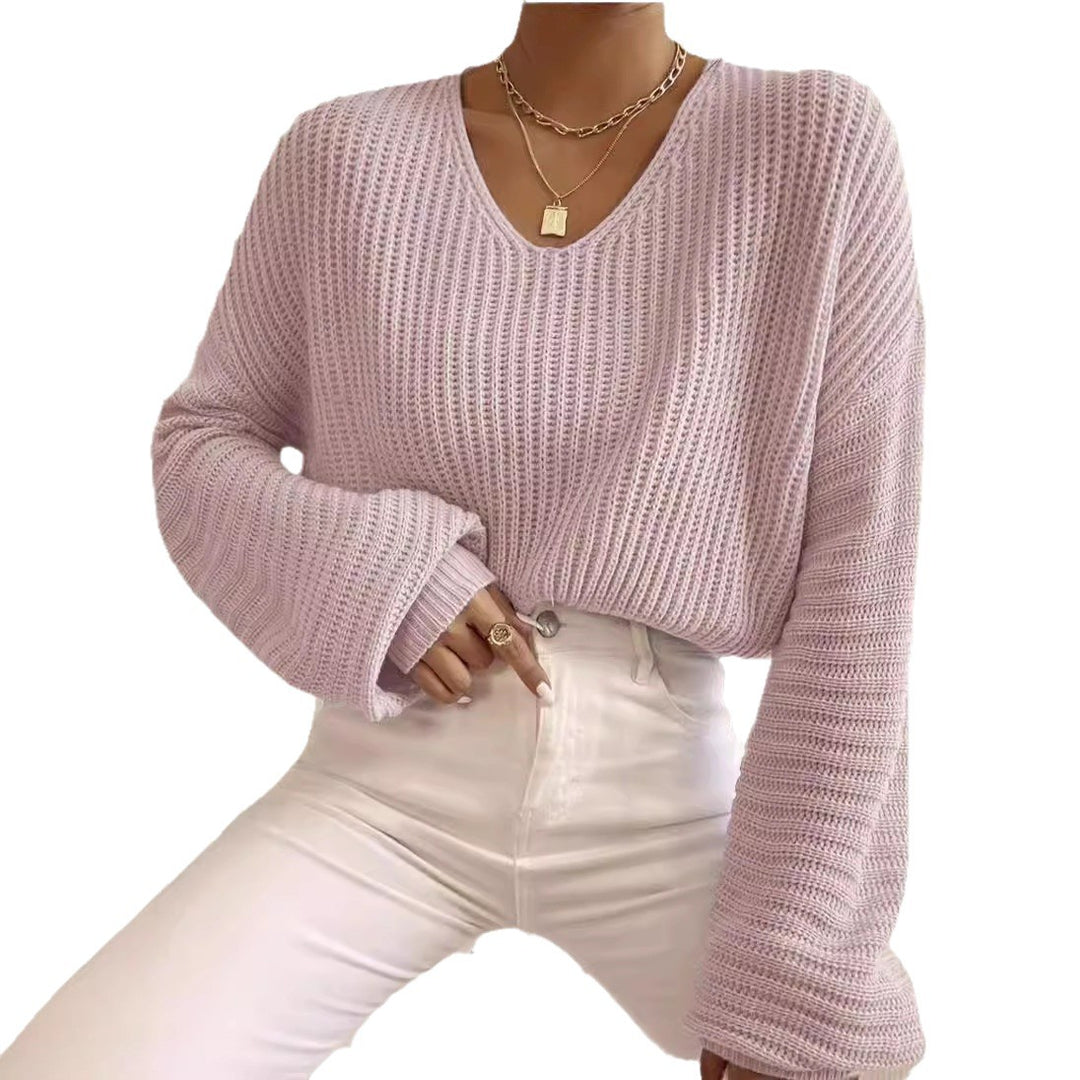 Damen lässiger Strickpullover mit weitem V-Ausschnitt und oversize Ärmeln Drune