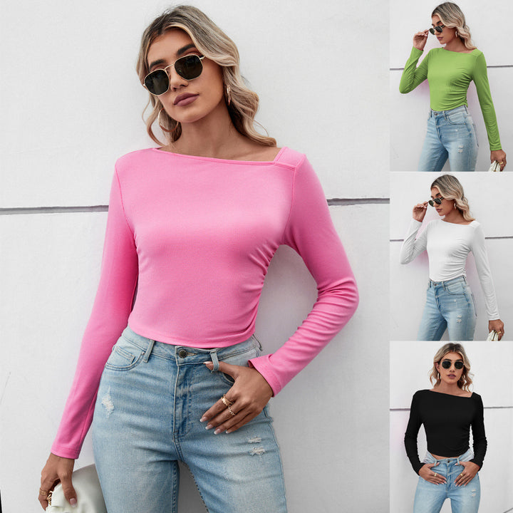 Damen figurbetontes geripptes Langarm-Cropped-Top mit asymmetrischer Schulterlinie und taillierter Stretch-Passform Drune
