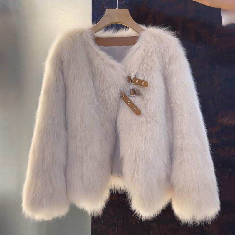 Damen kuschelige Kunstfelljacke mit elegantem Schnitt und dekorativen Schnallen Drune