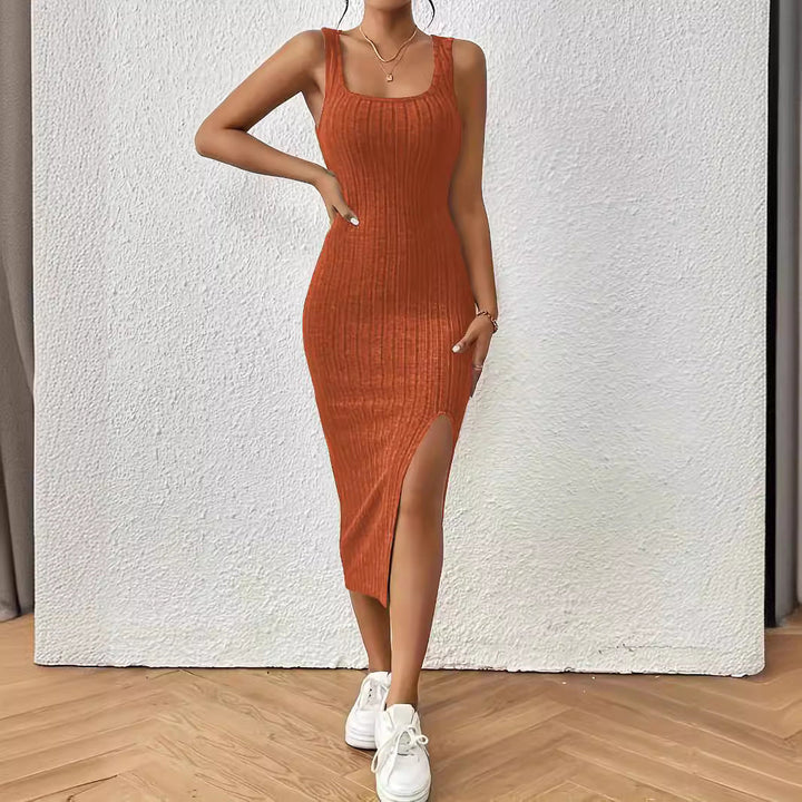 Damen figurbetontes Maxikleid mit hohem Schlitz und dekorativem Rippenmuster Drune