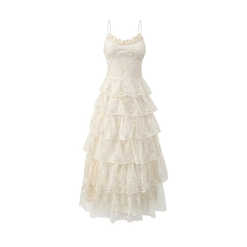 Damen romantisches Spitzenmaxikleid mit voluminösen Rüschenschichten Drune