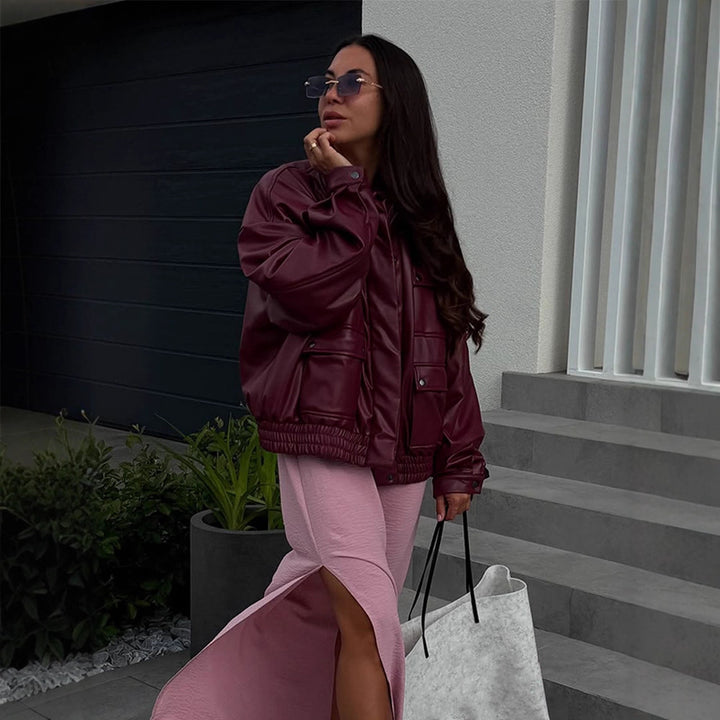 Damen Oversize Kunstlederjacke mit aufgesetzten Druckknopf-Taschen und elastischem Saum Drune