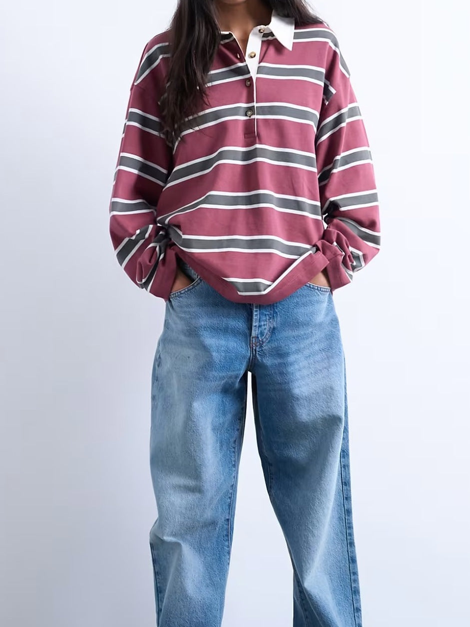 Damen Lässiger gestreifter Shirt mit Polokragen
