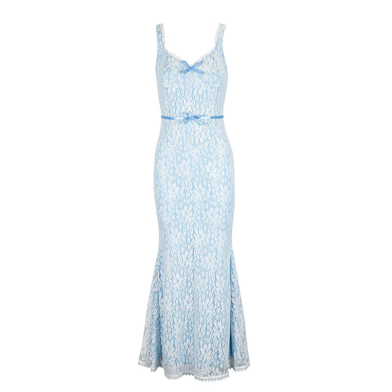 Damen Elegantes Spitzen-Midikleid mit verstellbaren Trägern und Schleifen-Detail Drune