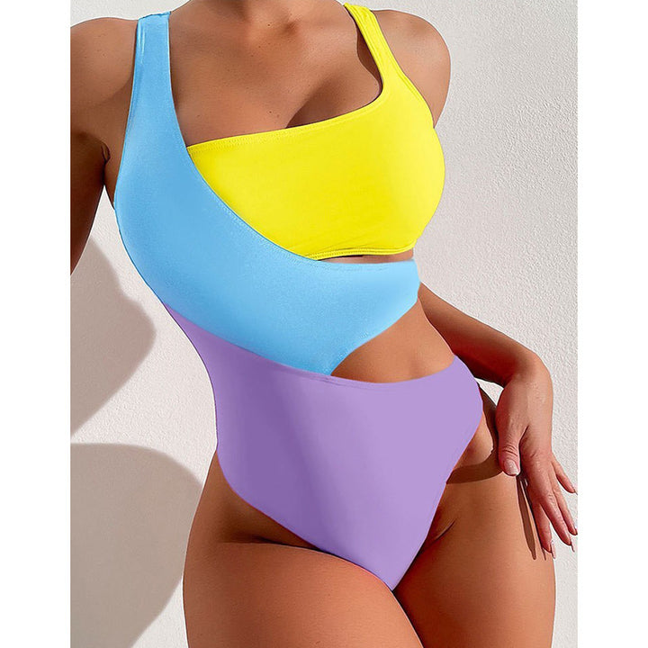 Damen Einteiler Badeanzug mit asymmetrischem Design und bunten Kontrastflächen Drune