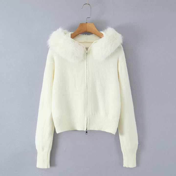 Damen Kurze Strickjacke mit Reißverschluss und abnehmbarem Kunstfellkragen Drune