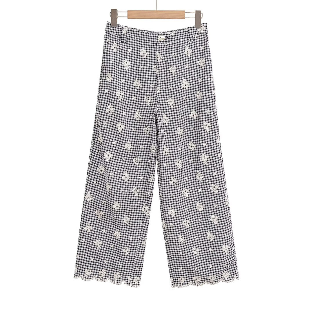 Damen weite Karottenhose mit floralem Gingham-Muster und eleganter Kantenverzierung Drune