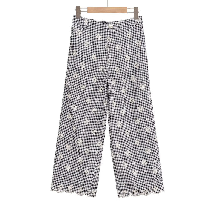 Damen weite Karottenhose mit floralem Gingham-Muster und eleganter Kantenverzierung Drune