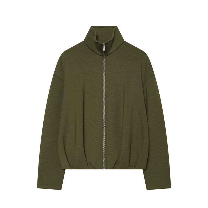 Damen Boxy Cropped Stehkragen‑Strickjacke mit durchgehendem Reißverschluss und überschnittener Schulter Drune
