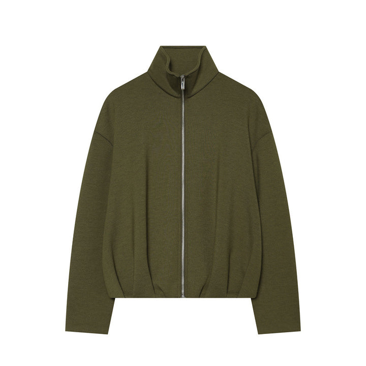 Damen Boxy Cropped Stehkragen‑Strickjacke mit durchgehendem Reißverschluss und überschnittener Schulter Drune