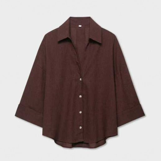 Damen Leichte Oversize Leinenoptik Bluse mit Dreiviertelärmeln und durchgehender Knopfleiste Drune