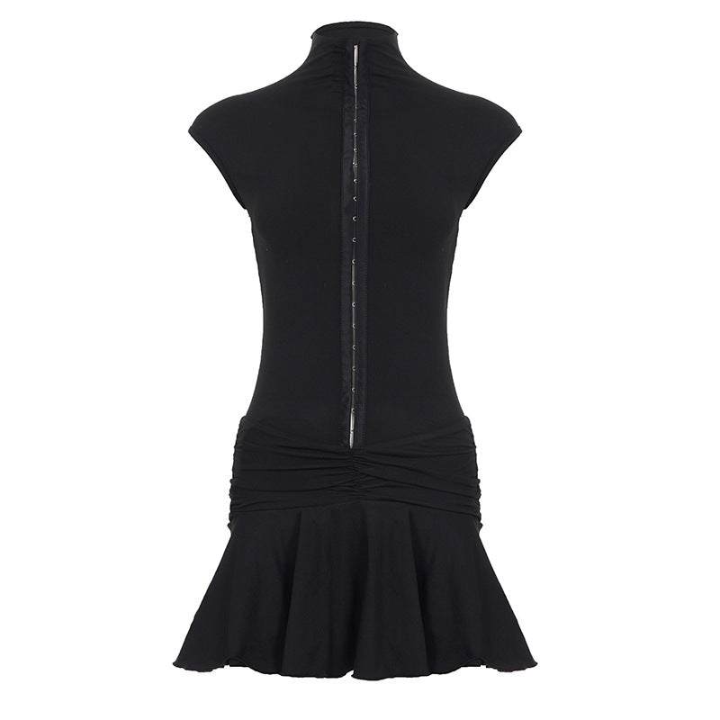 Damen elegantes Stretchkleid mit hochgeschlossenem Kragen und Rüschendetails Drune
