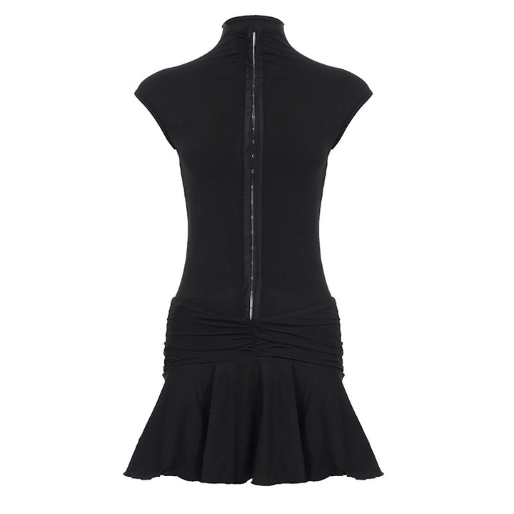 Damen elegantes Stretchkleid mit hochgeschlossenem Kragen und Rüschendetails Drune