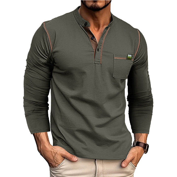 Herren Langarm-T-Shirt mit modernem Kragen und Brusttasche Drune